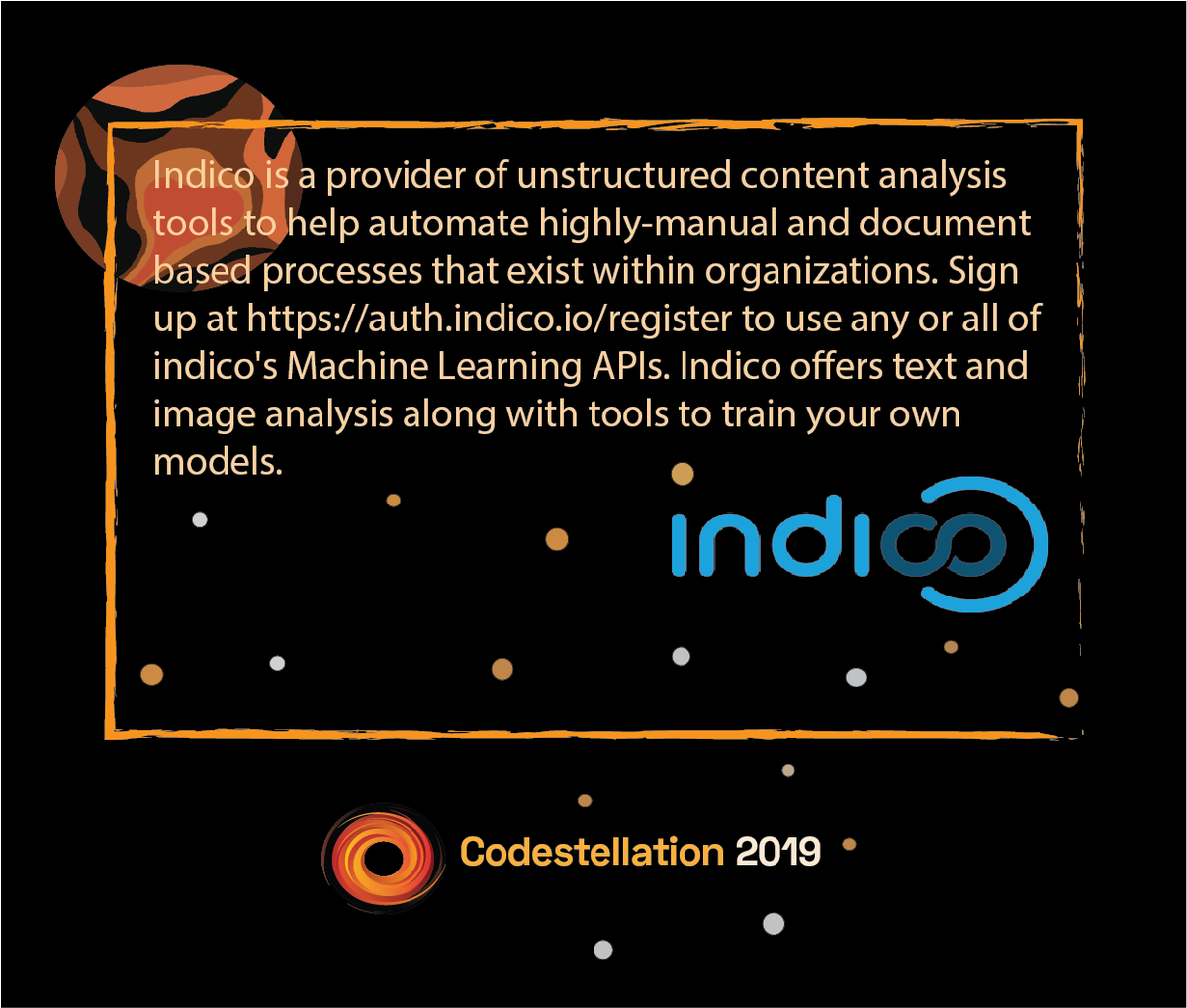 Codestellation's tweet photo. Access to the APIs are free for Codestellation. There is also a Best use of the Indico API Prize! 1st place is $500 in Indico API Credits per team member, 2nd place is $250 in Indico API credits per team member, and third is $100 in Indico API credits per team member. https://t.co/iQlcJ4Y0IM