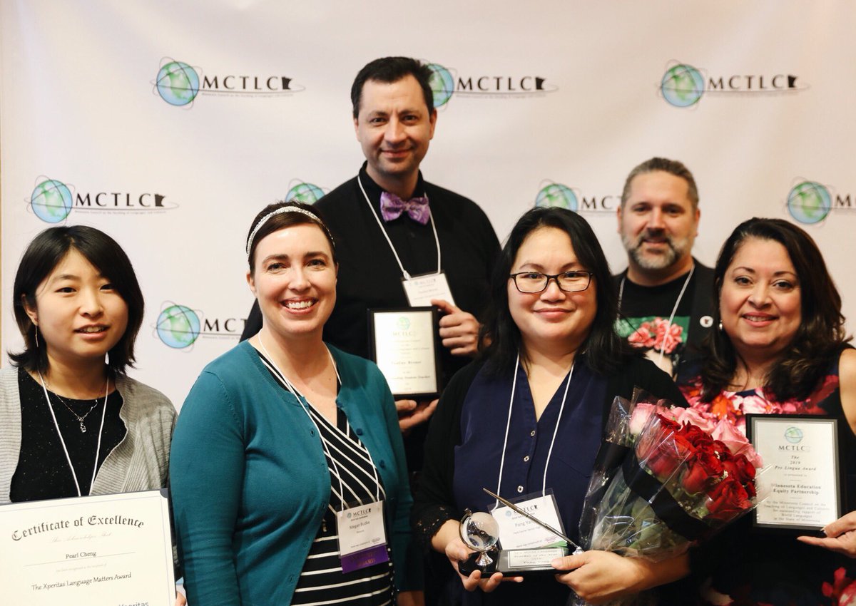 Congratulations to our 2019 Award Recipients. Pictured: @MCTLC Teacher of the Year Pang Yang of <a href="/ISD279/">Osseo Area Schools</a>, @MCTLC Outstanding Student Teacher <a href="/paulinobrener/">Paulino Brener</a>, Pro Lingua Award recipient <a href="/MNEEPRaceEquity/">Minnesota Education Equity Partnership (MnEEP)</a>, <a href="/XperitasOrg/">Xperitas</a> Language Matters Award recipient Pearl Cheng #MCTLC19