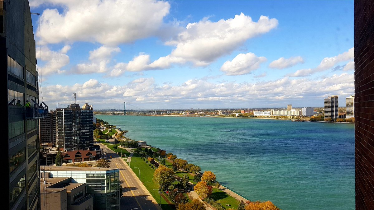 Great view from my hotel room in Windsor, Detroit on the other side, the border runs through the river cutting it in half. Can't see it? Me neither. That because it's an imaginary, arbitrary line, one of the many we like to draw and then use them to decide who's out, who's in