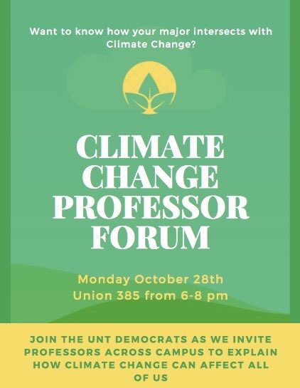 Our president will be speaking at this non-partisan event about what small steps each and every one of us can take to help fight climate change! Professors from multiple departments at UNT will be speaking as well. We hope to see you there!