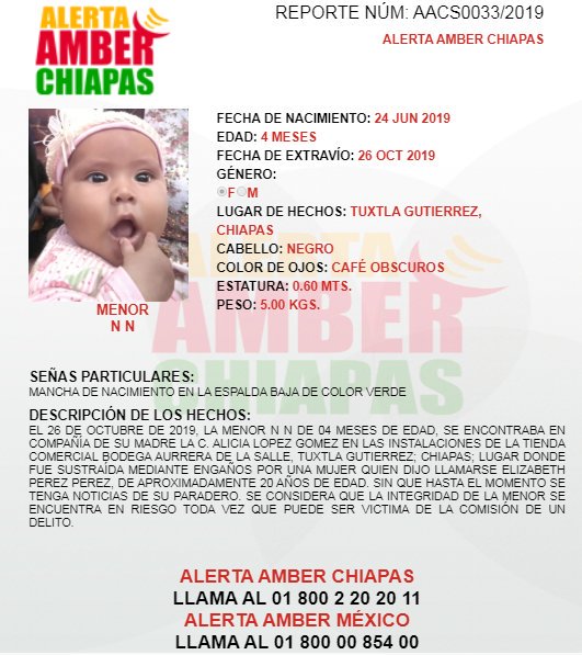 AAMBER_chis's tweet photo. Se activa #AlertaAMBER #Chis para la Menor N N de 04 meses de edad, quien fue sustraída en Tuxtla Gutiérrez, Chiapas, el 26 de Octubre del 2019. Ayúdanos a difundir. https://t.co/CaXQ8je0r0