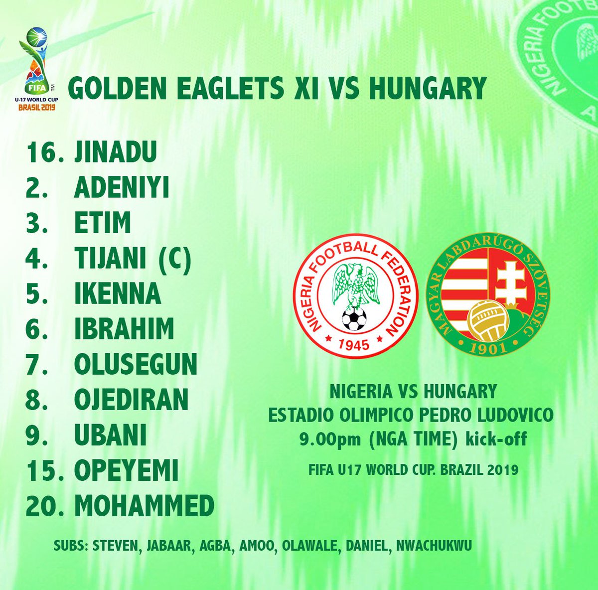 thenff's tweet photo. Here's how our #GoldenEaglets line up against Hungary tonight. #SoarGoldenEaglets #Team9jaStrong #U17WC https://t.co/SNZhLrwMFr
