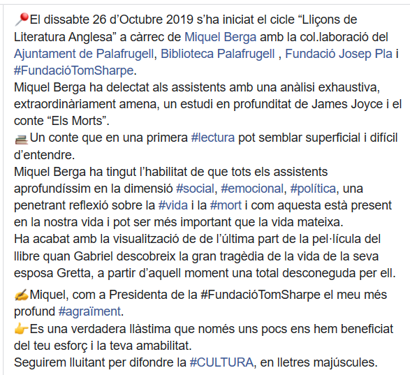 TomRidleySharpe's tweet photo. 💢 dissabte 26 d’Octubre 2019 s’ha  iniciat el cicle “Lliçons de #Literatura #Anglesa” a càrrec de Miquel Berga amb la col.laboració  del @ajpalafrugell @bibpalafrugell @FJosepPla i @TomRidleySharpe 
📚📖📘✍️📇 @PalafrugellCult @cultura_cat  
#Palafrugell #Llafranc   #Editorials https://t.co/0skHk0j3Xw