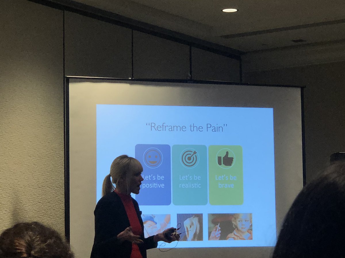 Learning about reframing pain and the power of language from Melanie Noel.  #AAP2019 #AAPSOIM.  Parents can reframe the pain
