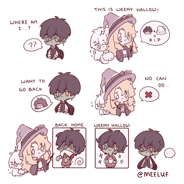 The gang is all together! N being unable to go back home, he is welcomed to stay with E and R ✨
This is the end of my mini comics with these 3 for now, but I hope to continue their stories another day. Thank you to everyone that has kept up with them!