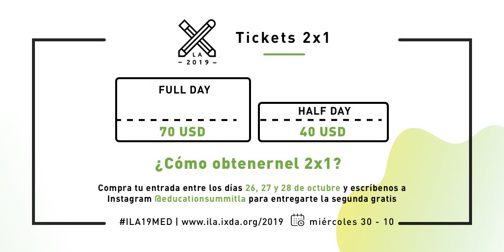 IxDAEducationLA's tweet photo. ¿Cómo obtener tu 2x1? 🔴
¡No queremos que te pierdas de nada! Compra tu entrada entre los días 26, 27 y 28 de octubre y escríbenos a Instagram @educationsummitla para entregarte la segunda gratis ✅. ¡Nos vemos en el @ILA19Medellin 2019! 
#ilamed19 #UserExperience #IxDAMedellin https://t.co/1eS6gWqSie