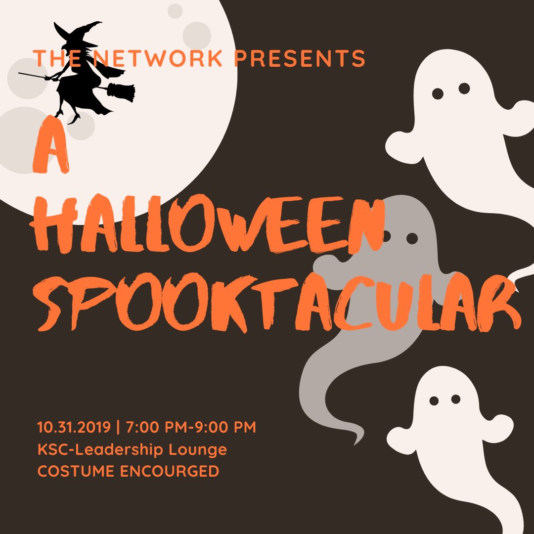 TheNetwork_KSU's tweet photo. Come celebrate Halloween and wear your costume as we have our SPOOKTACULAR on the fourth day with WEEK AT THE NETWORK https://t.co/7bFBZoLvxk