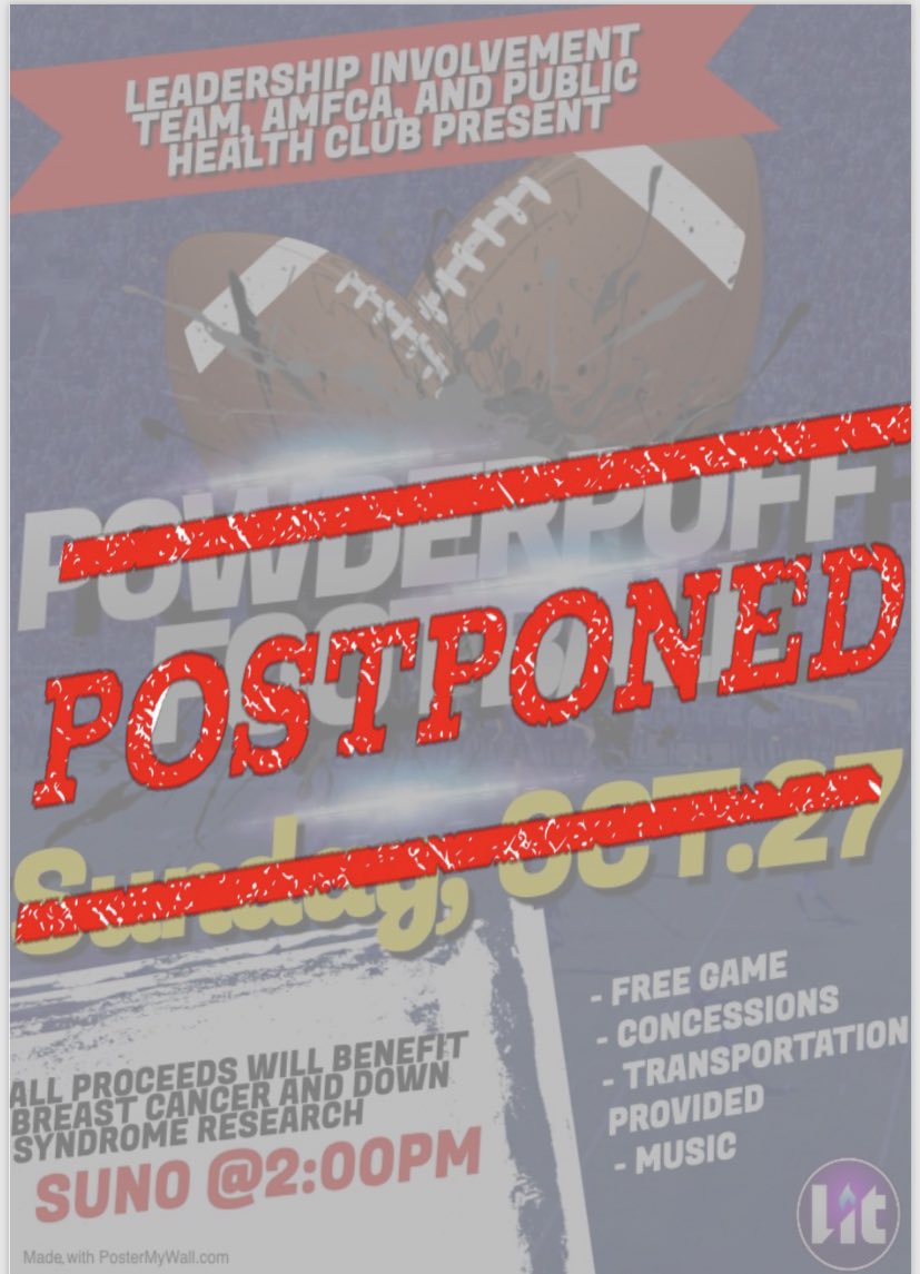 duCPT2_1869's tweet photo. ‼️Powderpuff Flag Football Game POSTPONED due to the storm. Be on the lookout for the new date‼️ #DULit @DUPublicHealth @dillard_amfca https://t.co/e6OHGGorsC
