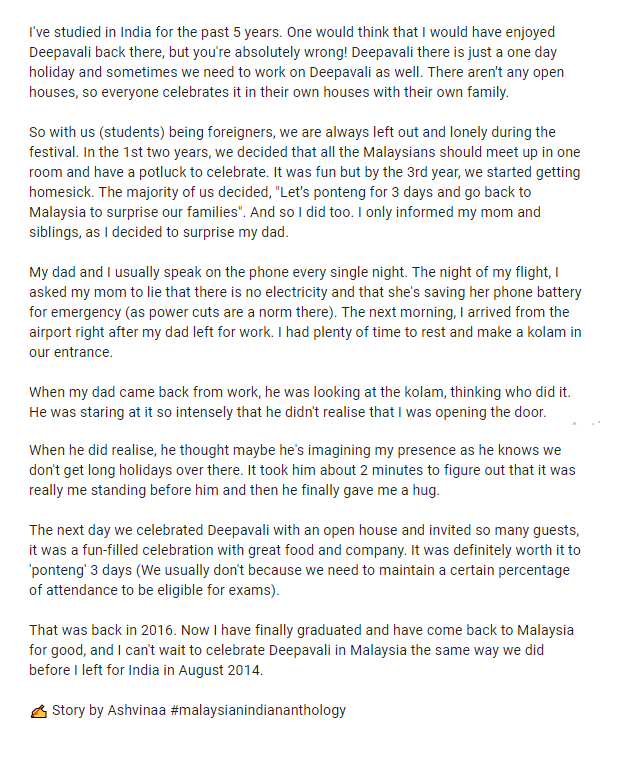 msianindian's tweet photo. Thank you @ashvinaa_geminiprincess for sharing about special Deepavalli surprise!

"... It was fun but by the 3rd year, we started getting homesick. The majority of us decided, "Let’s ponteng for 3 days and go back to Malaysia to surprise our families". And so I did too..." https://t.co/PdbIq325Ri