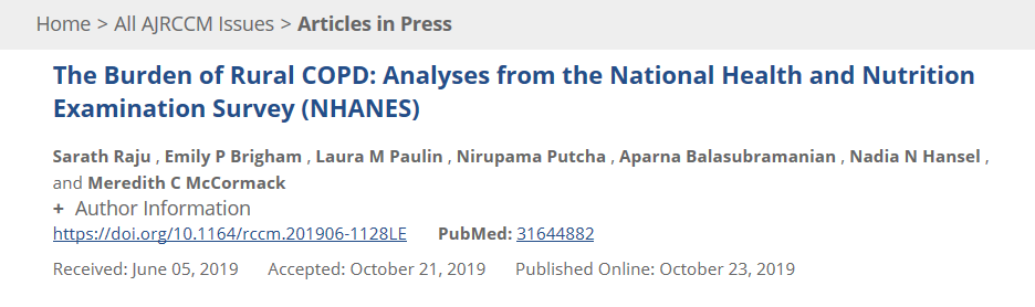 The Burden of Rural #COPD: Analyses from the National Health and Nutrition Examination Survey ( #NHANES). <a href="/ATSBlueEditor/">ATS Blue Journal</a> #Pulmonary #Lung #RuralHealth buff.ly/2MHNipk