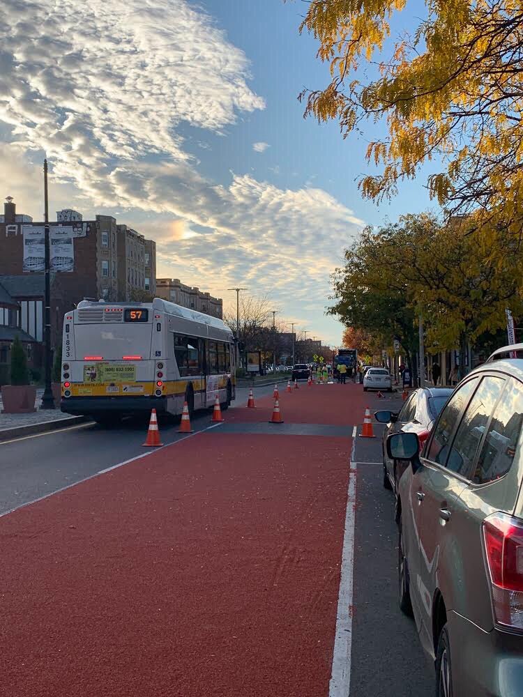 BostonBTD's tweet photo. BTD began striping a westbound bus/bike lane on Brighton Ave in #Allston #Brighton this weekend.
This new lane will improve bus travel time and reliability plus provide a better connection for cyclists. #teambtd https://t.co/0IPzWcP4UC