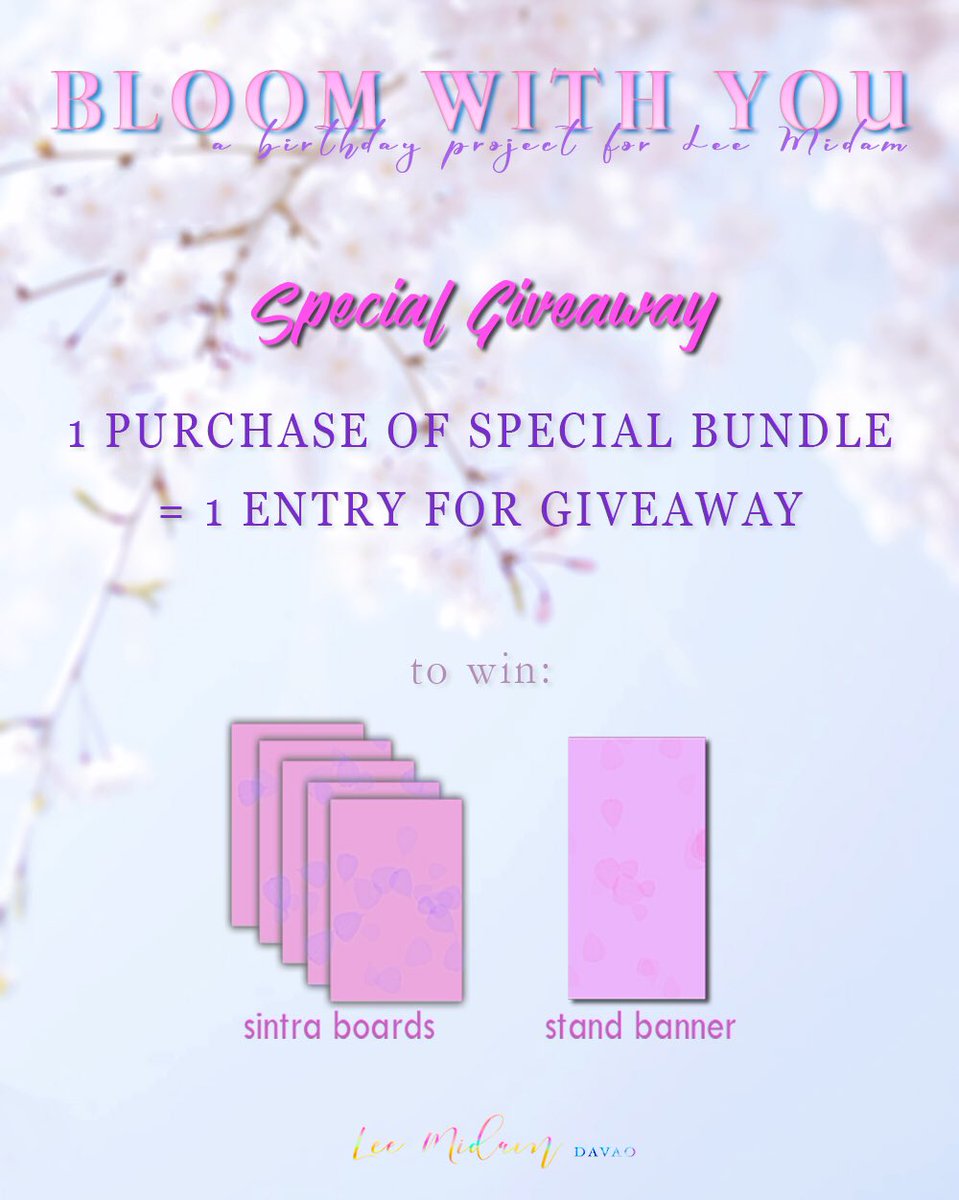 LEEMIDAM_DVO's tweet photo. 𝐁𝐋𝐎𝐎𝐌 𝐖𝐈𝐓𝐇 𝐘𝐎𝐔

[Special Announcement]

We will be doing a giveaway
Get a chance to win on one of the prizes below!

Also, the custom drink is named Cherryblossom

#LEEMIDAM #이미담
#BloomWithMidam
#BeautifulMidamDay
#이미담의_23번째_생일축하해 https://t.co/ff6JIPxCm9