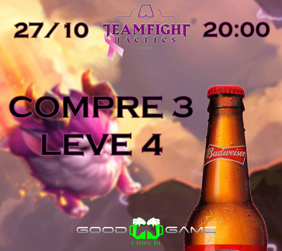 ggesportbar's tweet photo. Amanhã vai rolar promoção da @Budweiser_Br aqui no GG no TFT Outubro Rosa!
🍺 Compre 3 long neck e leve 4!
Então já chama/marca a galera e corre pra cá amanhã!
#budweiser #outubrorosa #teamfighttactics #tft #wd_black_brasil #ggbar https://t.co/1fRnpJ4vNd