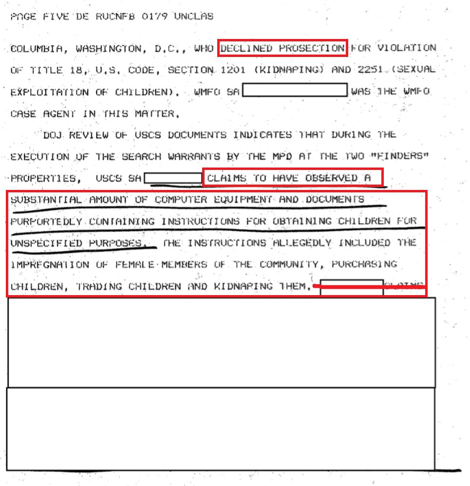 Preliminary investigation of The Finders saw prosecution declined in 1987.During a search of properties, computer equipment and documents containing instructions for obtaining children were found. Female members were impregnated to sell, purchase, trade, and kidnap kids.