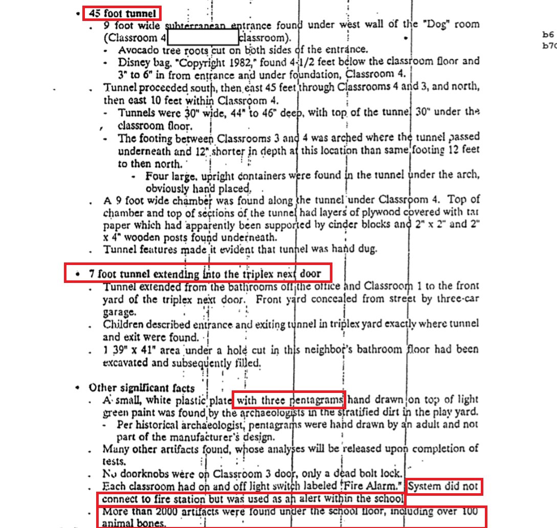 Tunnel system found underneath a preschool, with pentagrams found on a plastic plate in the play area of the school. The fire alarm system did not connect to a fire station but instead acted as an alert within the school.Over 100 animal bones found under the floor...