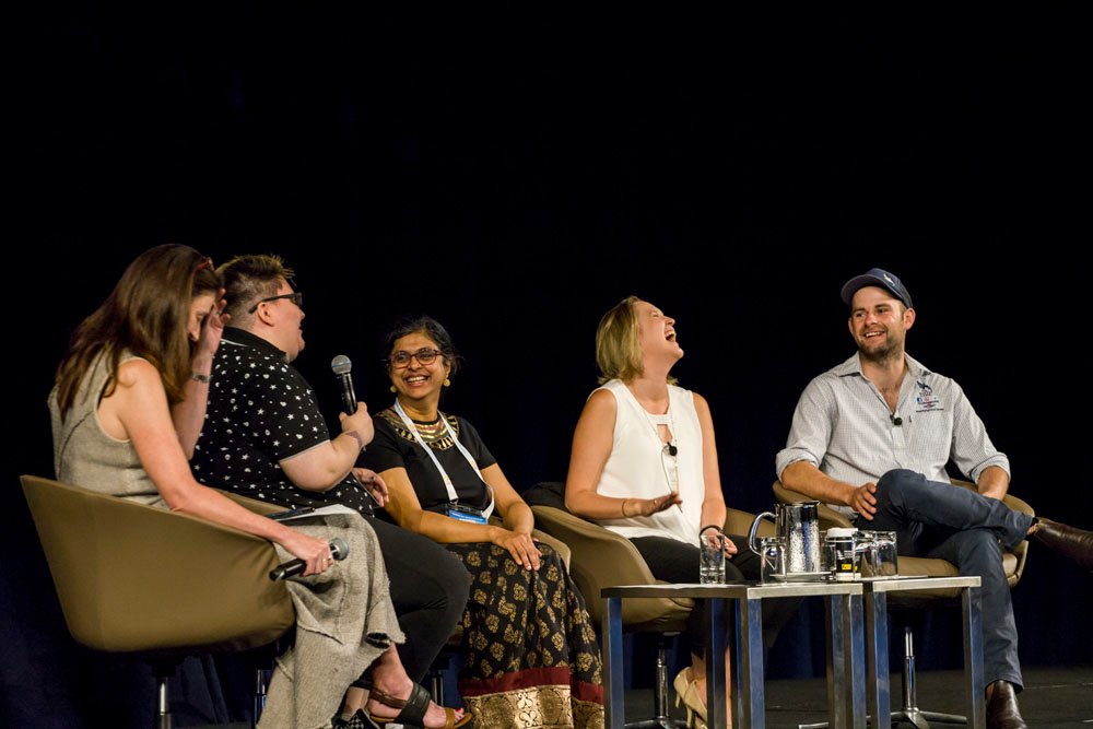iaymh's tweet photo. The amazing Srividya Iyer, Johanna Bergan @YouthMOVE and Ben Brooksby @The_NakedFarmer our inspirational Plenary 1 speakers. "Stigma is a brick wall and one by one we are pulling down the bricks" (Ben Brooksby) #IAYMH2019 #youthmh https://t.co/vTEiX4jqN3