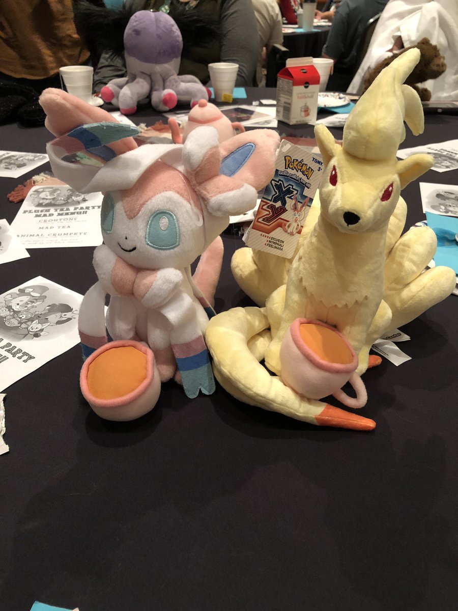 Dekeve's tweet photo. Sylveon and Ninetails enjoying some tea at the Plush Tea Party panel @AnthroSouthEast! #AnthroSE2019 https://t.co/e4g0lBd50Q