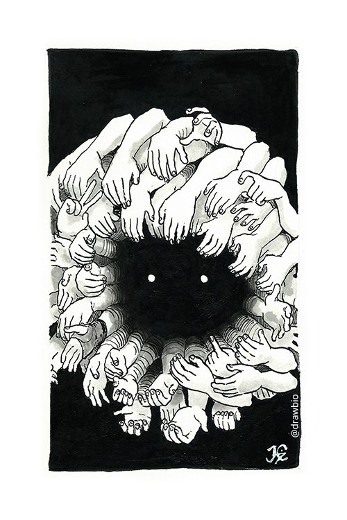 An ink drawing of a creature made of all hands, one of which is wearing a wrist brance. For the Inktober prompt "injured" and the SciArtInk prompt "hand".