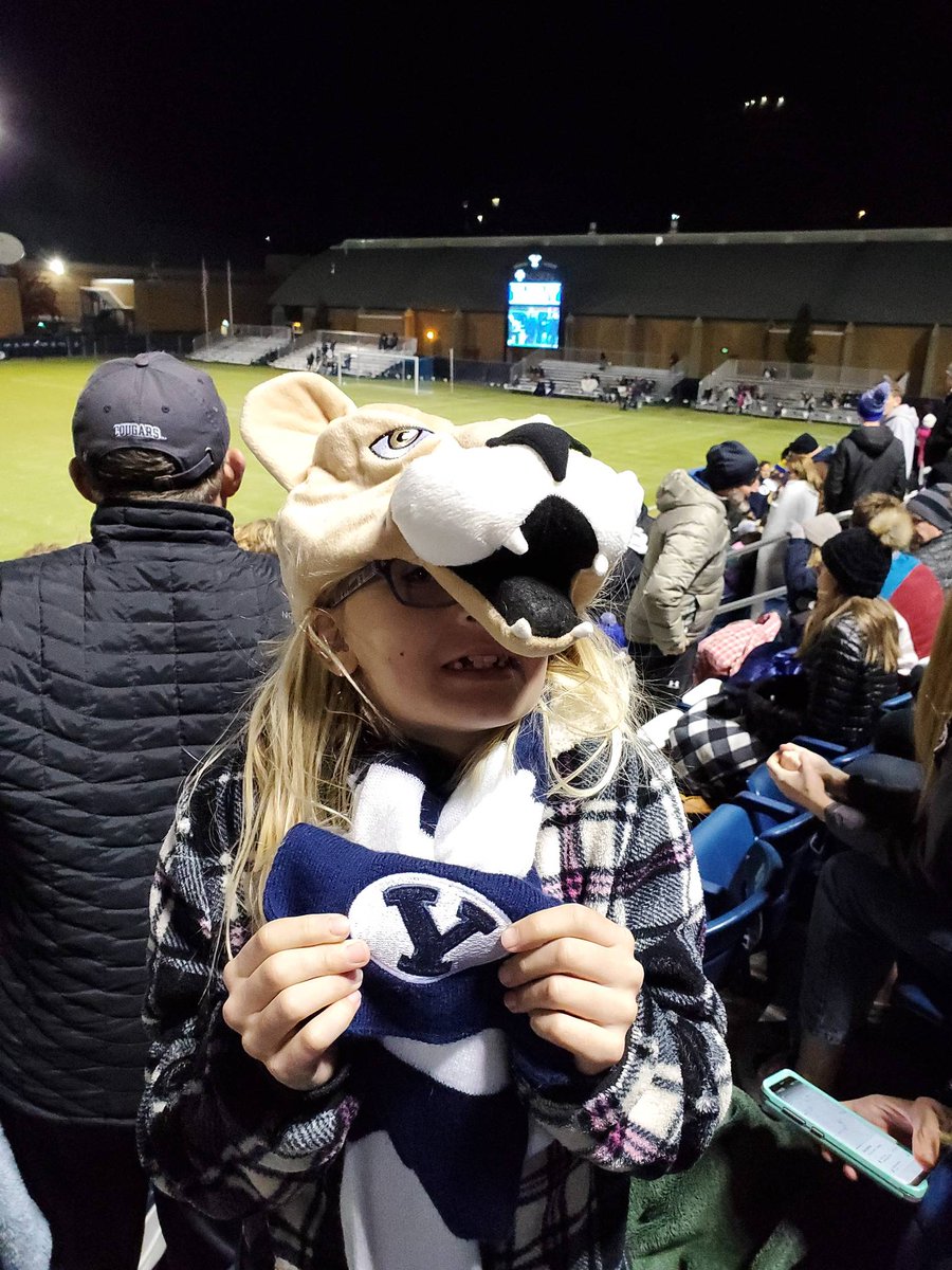Compliance_Chad's tweet image. Not sure if she's more excited about@byusoccer_w  or her Cosmo hat tonight. But always a great time watching #BYUwSOC ! #GOCougs
