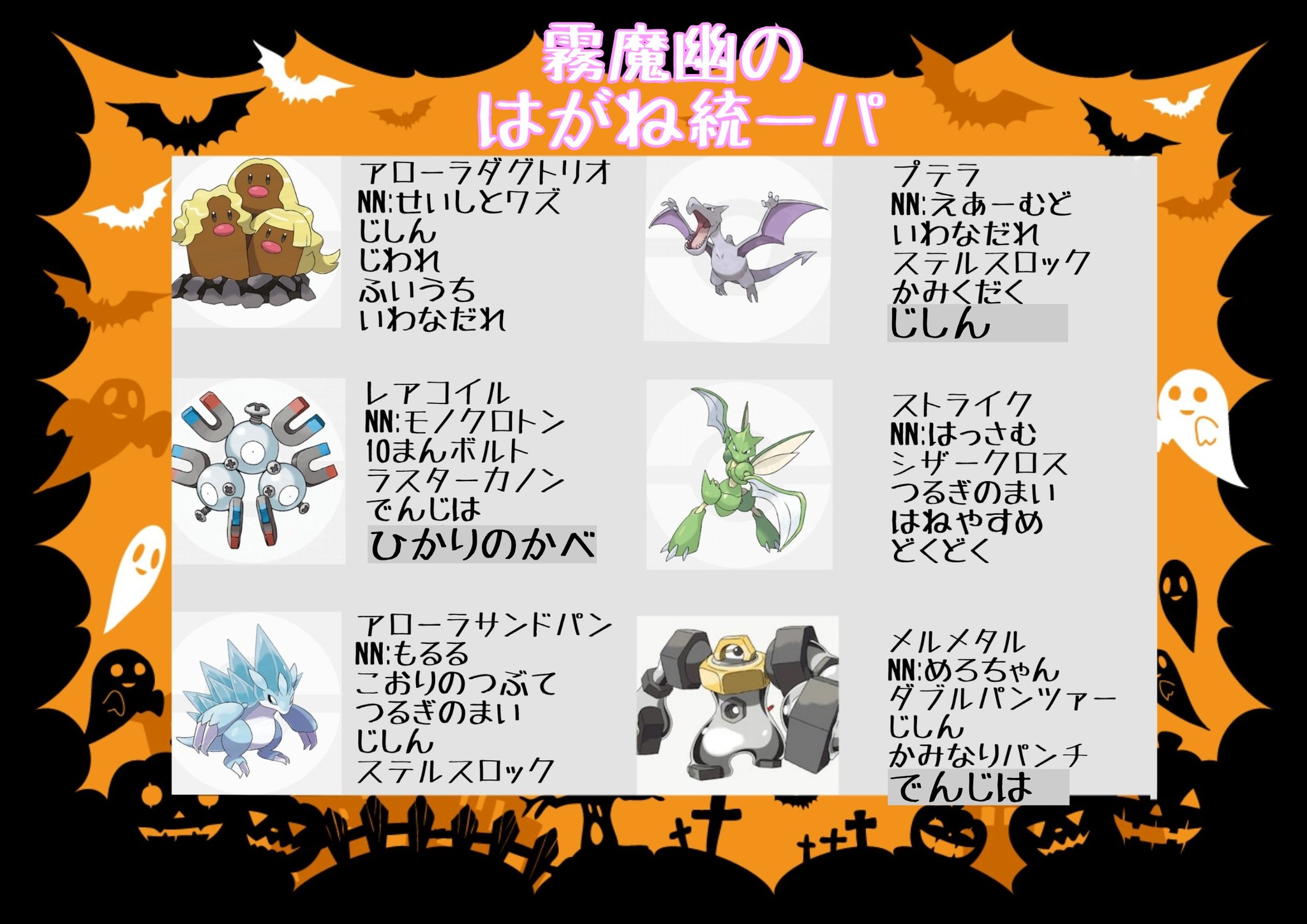 霧魔幽 エルリン始めました 昨日の大会 ノートとにらめっこしながらパーティ考えてたのん 一応昨日の技構成はこんな感じっ 改めてみると地震とステロ なだれの搭載率くっそ高いな めっちゃ炎タイプ警戒してたから ダグトリオは左からせいな しとな