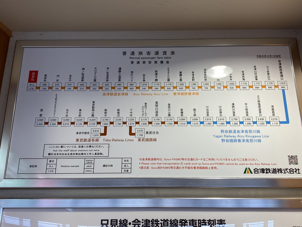 西若松駅の運賃表。東武の浅草まで載ってる。