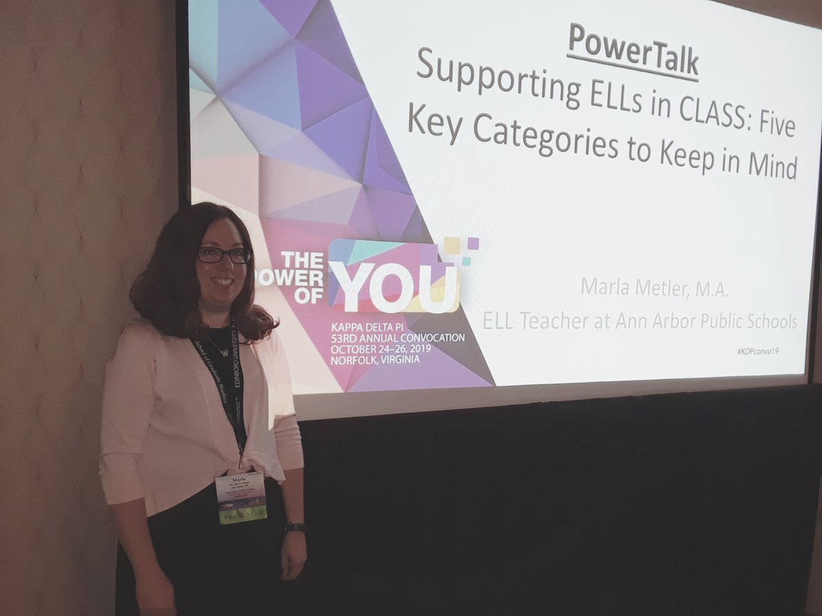 MetlerA2's tweet photo. KDP Convocation 2019!  PowerTalk presentation on "Supporting ELLs in CLASS: Five Key Categories to Keep in Mind"!  10/24/19 @A2schools @A2SchoolsSuper @A2BryPatSchools @A2_Haisley #KDPconvo19 https://t.co/y1QrwEP46Z