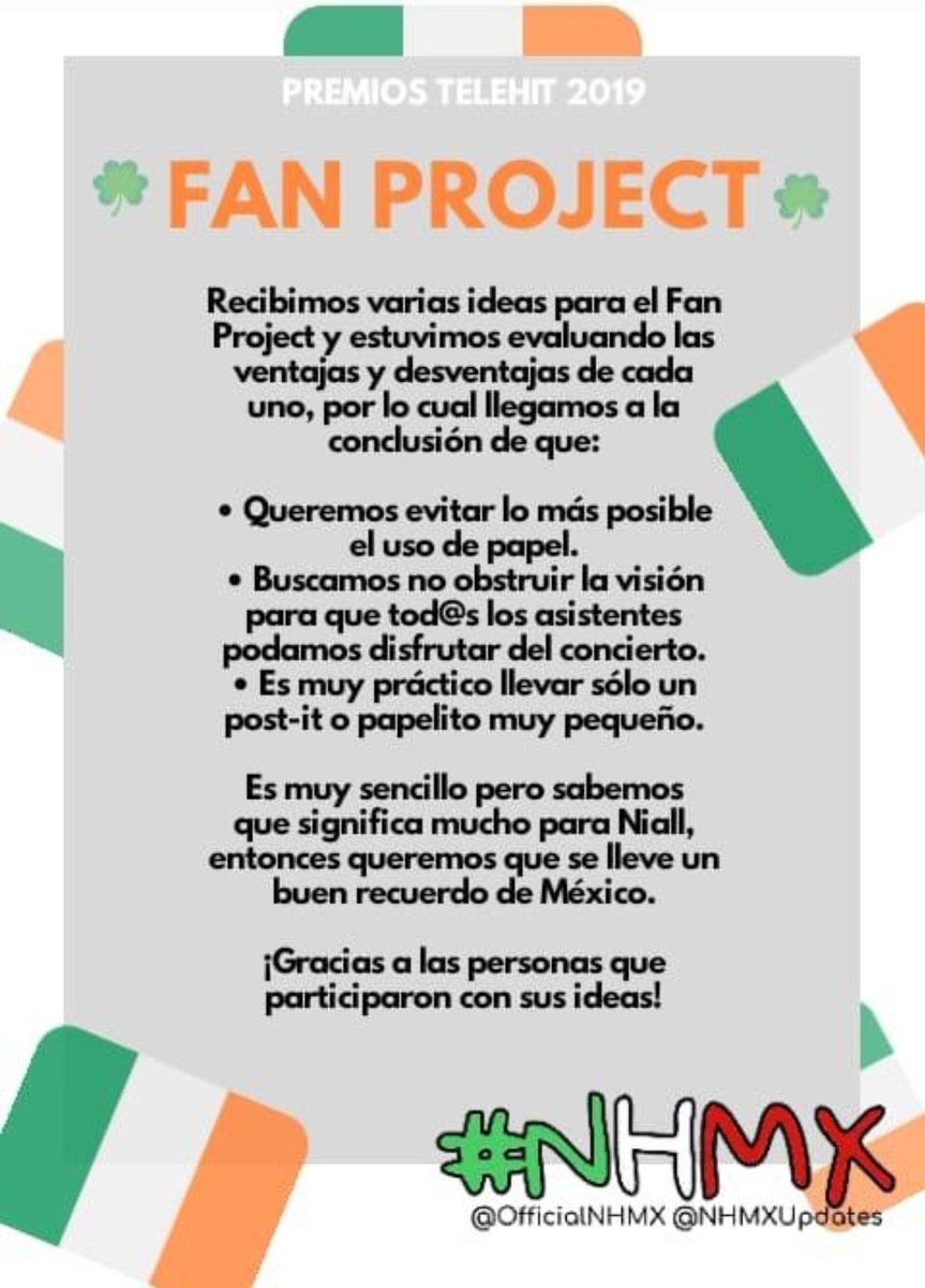 Official1DMex's tweet photo. 🔈¡ Habemus #FanProject oficial para la presentación de @niallofficial en los #PremiosTelehit 2019! .
.
Sabemos que con el apoyo de cada uno de ustedes haremos posible pintar al #ForoSol con los colores de la bandera de Irlanda 🇮🇪 #NHMX🇲🇽 @OfficialNHMX https://t.co/X5ifUi6MOe