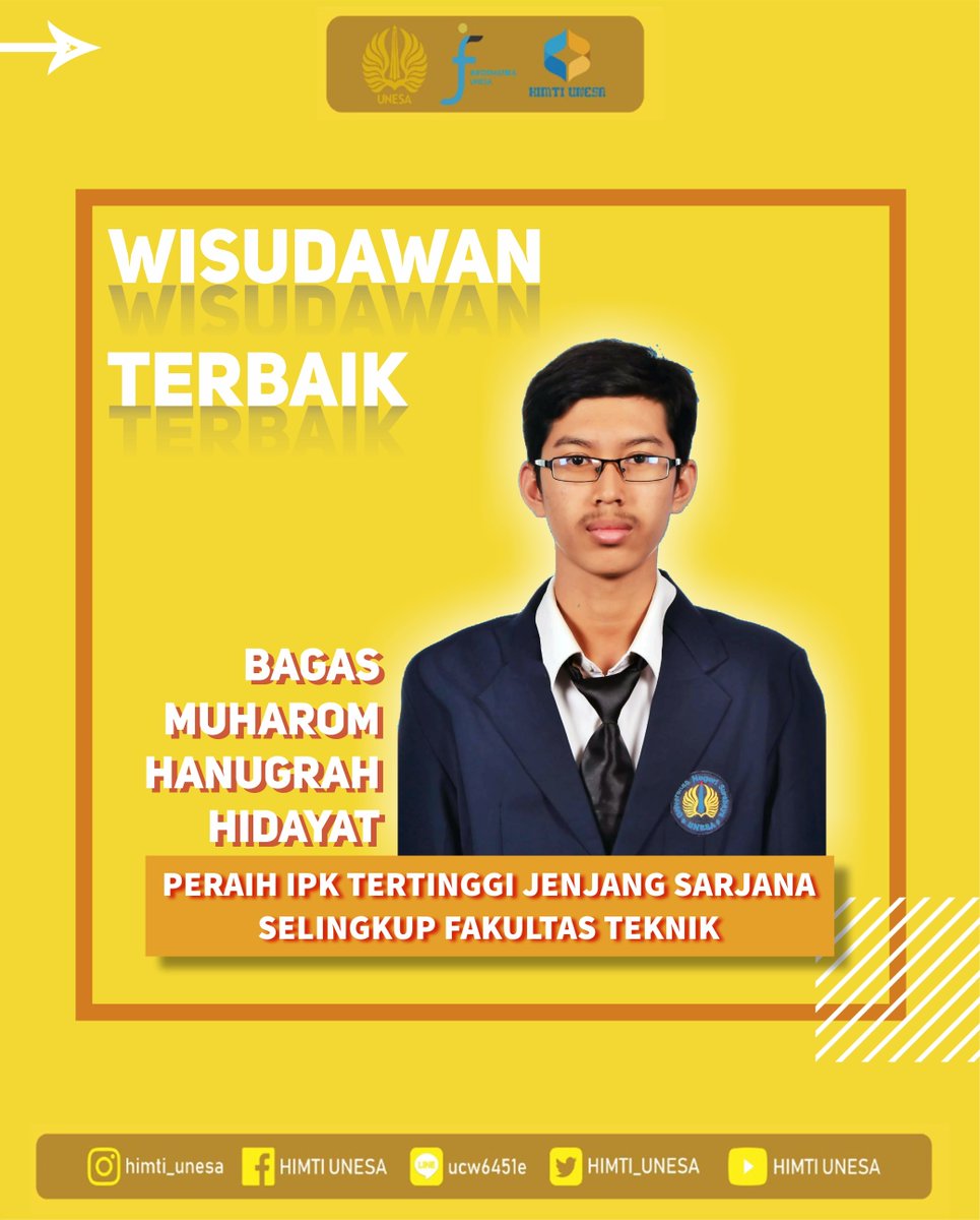 HIMTI_Unesa's tweet photo. [HAPPY GRADUATION DAY]
Selamat Wisuda bagi para Wisudawan dan selamat pula bagi Bagas Muharom Hanugrah Hidayat yang meraih IPK Tertinggi selingkup FT
#Wisuda96Unesa
#TIBravo
#Informatika
#VivaLaHimti https://t.co/mwFqSSiPOy