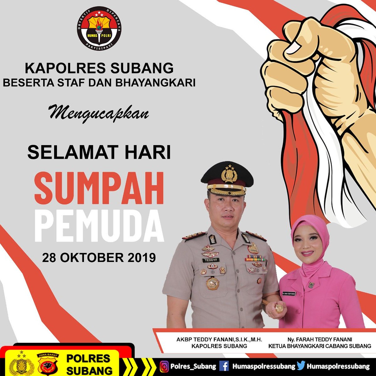indo_pol's tweet photo. #Repost dari @polres_subang
Kapolres Subang @teddyf99 @farah_tefan99 beserta Staff dan Jajaran mengucapkan Selamat HaribSumpah Pemuda
.
.
.
#poldajawabarat #tertiblalulintas #polisi #hits #subanghits #polressubang #polisiindonesia #exploresubang https://t.co/eomE5FXgKM