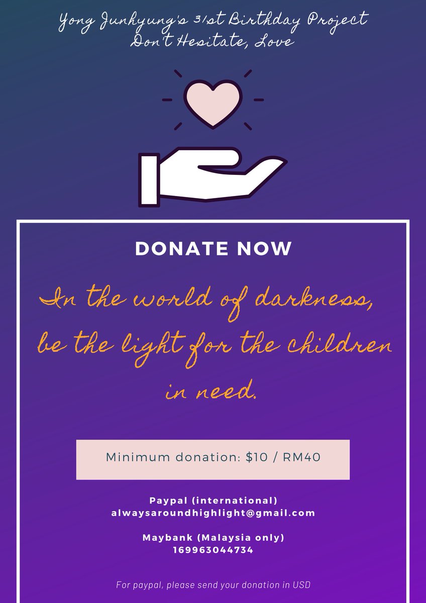 alwaysaroundHL's tweet photo. "Don't Hesitate, Love"
.
Part 1
.
Let's celebrate Junhyung's birthday by giving back to the people in need 💜

More details below 🥰

🥕: https://t.co/pwOucZhsls
🗓: Dec 1st 2019 / Sun 10PM KST

#Hello_Beautiful30s_YJHDay
#안녕_아름다운30대_YJHDay https://t.co/s9hNBOKlTi