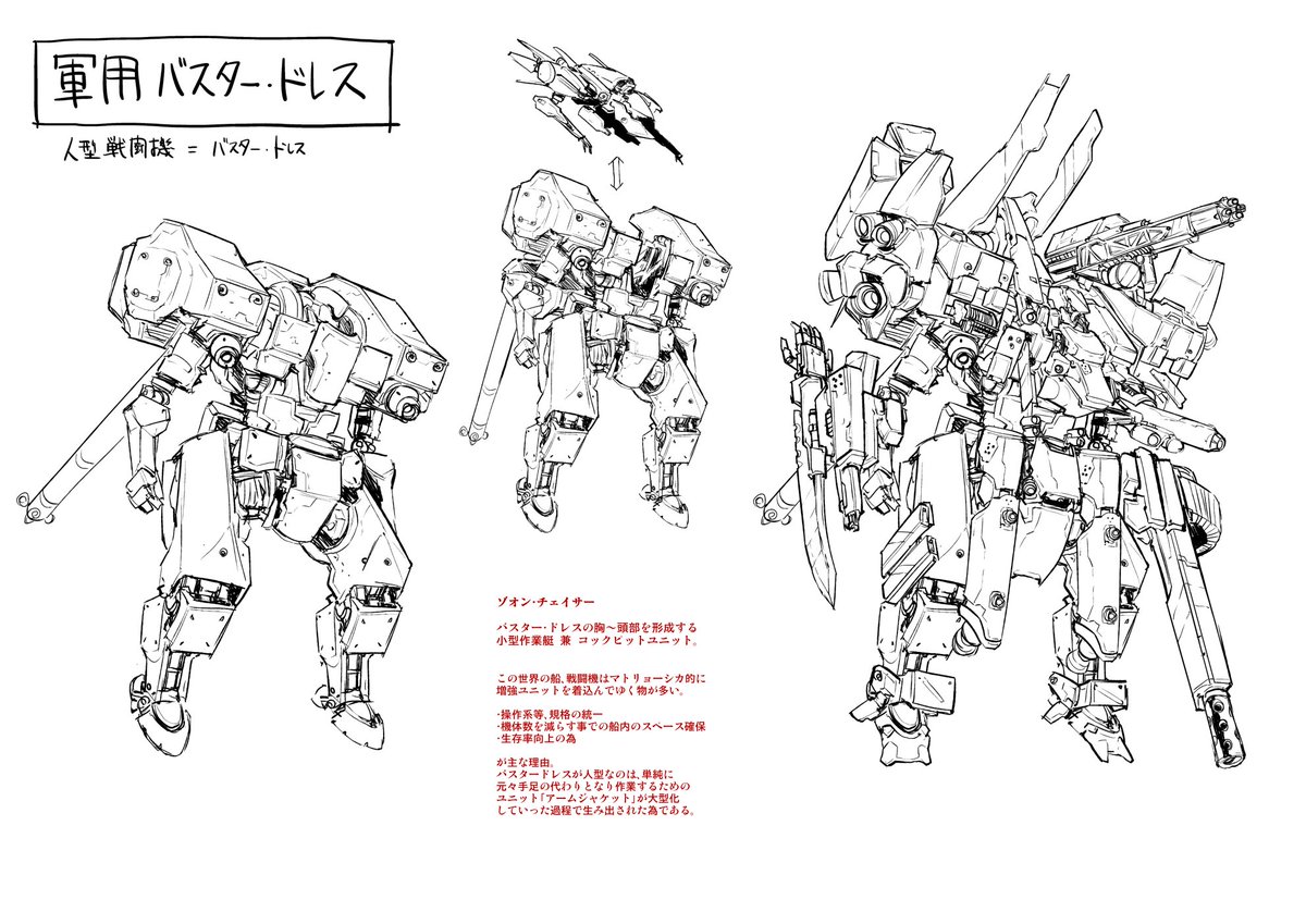 数年前、頓挫した企画のラフ。
人型戦闘機「バスタードレス」
(連載してたバスタードレスは当時ギリギリまでタイトルが決まらず、こっから持ってきた。作品としては全くの無関係。)
(何機かはデザインごとバスタードレスの劇中で流用しちゃってます) 