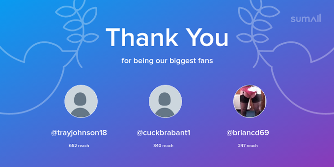 Our biggest fans this week: trayjohnson18, cuckbrabant1, briancd69. Thank you! via https://t.co/vfXGQ8T5p7
