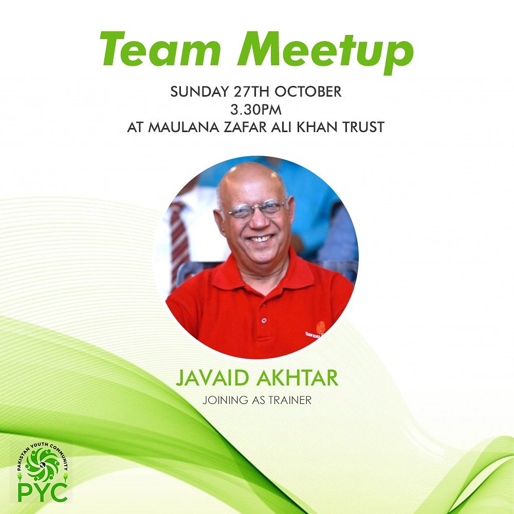 pyc_org's tweet photo. Pakistan Youth Community welcomes Javed Akhtar as our trainer for today's session.
Sir Javed believes in; Stay happy, Spread Happiness. It's only possible when people know about the art of communication. Be together for prosperous society.
#PYC_Org #PYCTeamMeetUp #LearnToGrow https://t.co/jQAX1rsR24