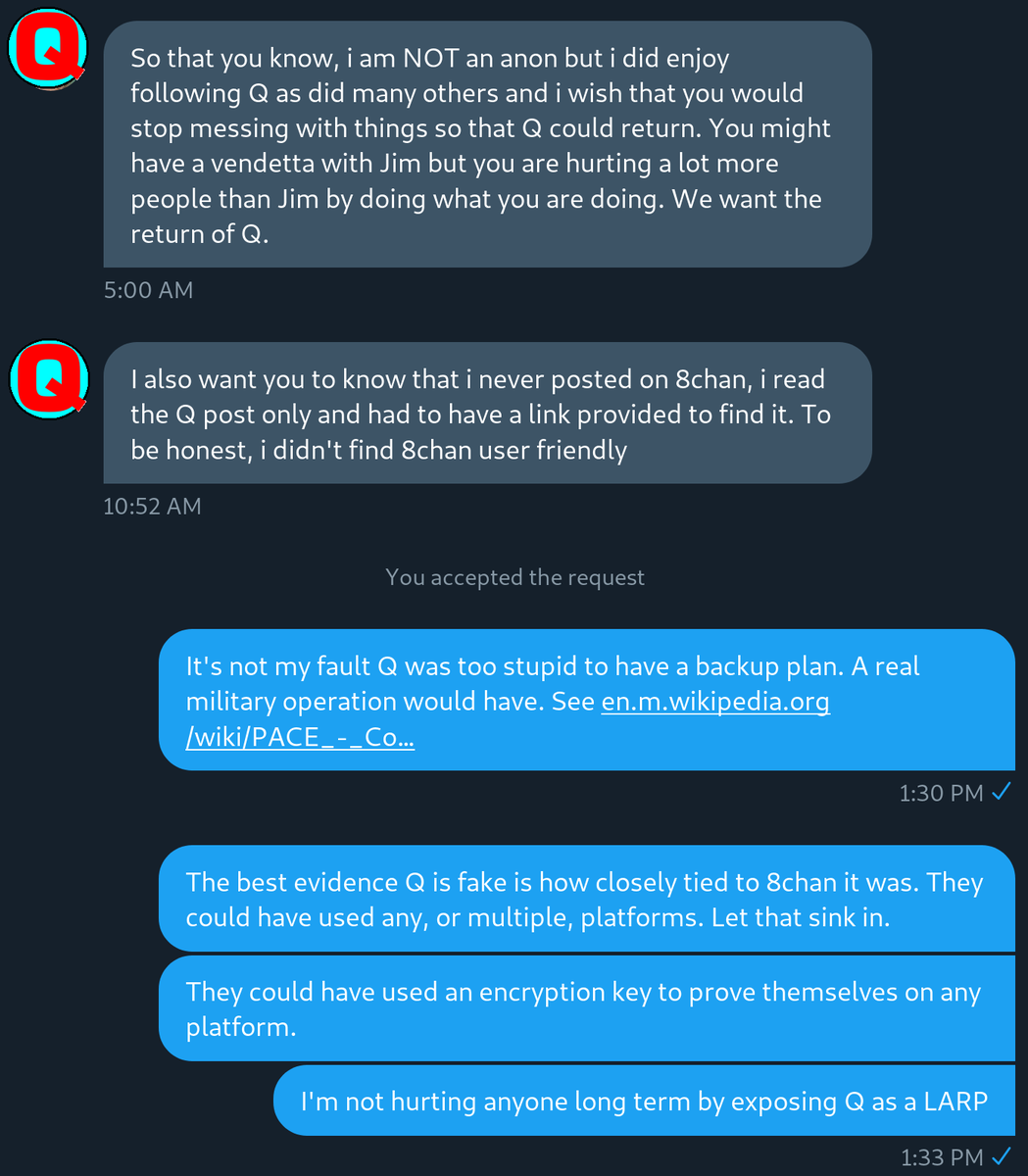 fr_brennan's tweet photo. This is actually kind of heartbreaking. A boomer, probably in her 60's, begs me to just let Q come back, at 1am in her country.
Cults destroy lives. Q gave her a lot of meaning in her life, but it was all false hope.
#FucQ @EryqOuithaqueue @travis_view https://t.co/b4lfpgZbmg