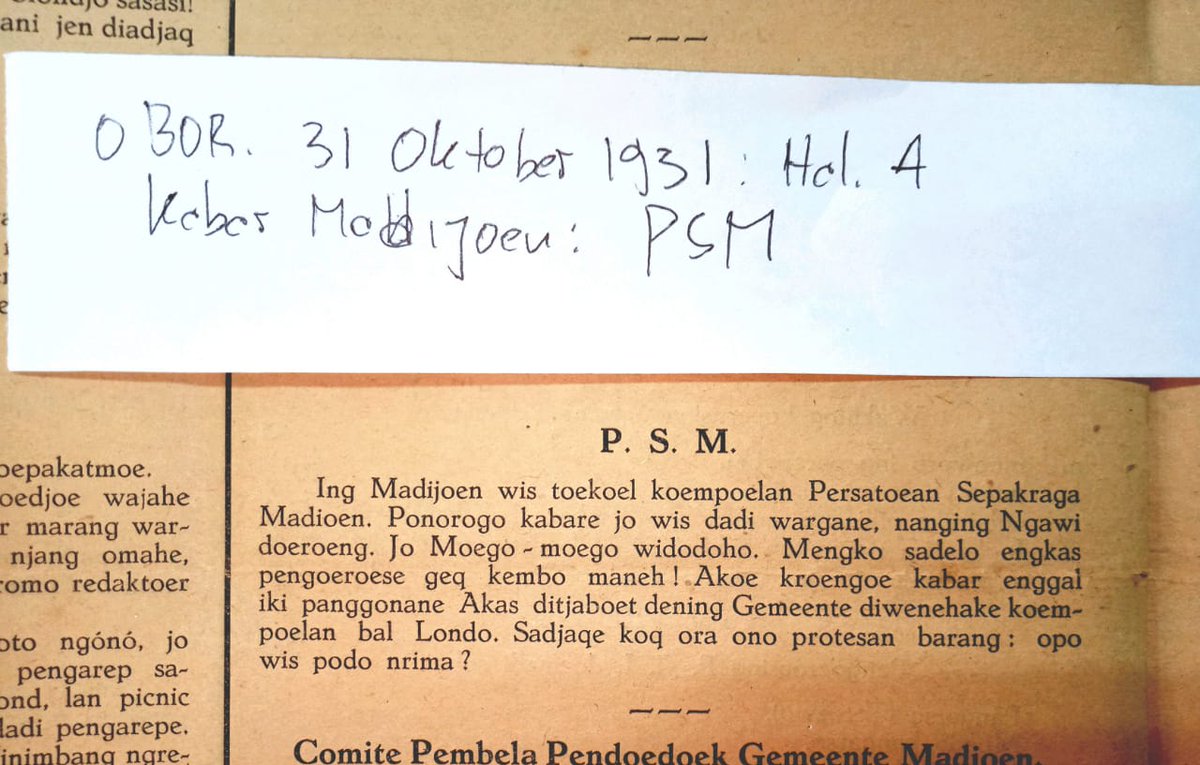 kidtras's tweet photo. Surat Kabar OBOR tertanggal 31 Oktober 1931 menyebut,  'Ing madioen wis toekoel Koempoelan Persatoean Sepakraga Madioen... ' cc @fajarjun https://t.co/QmlpQeRMuQ
