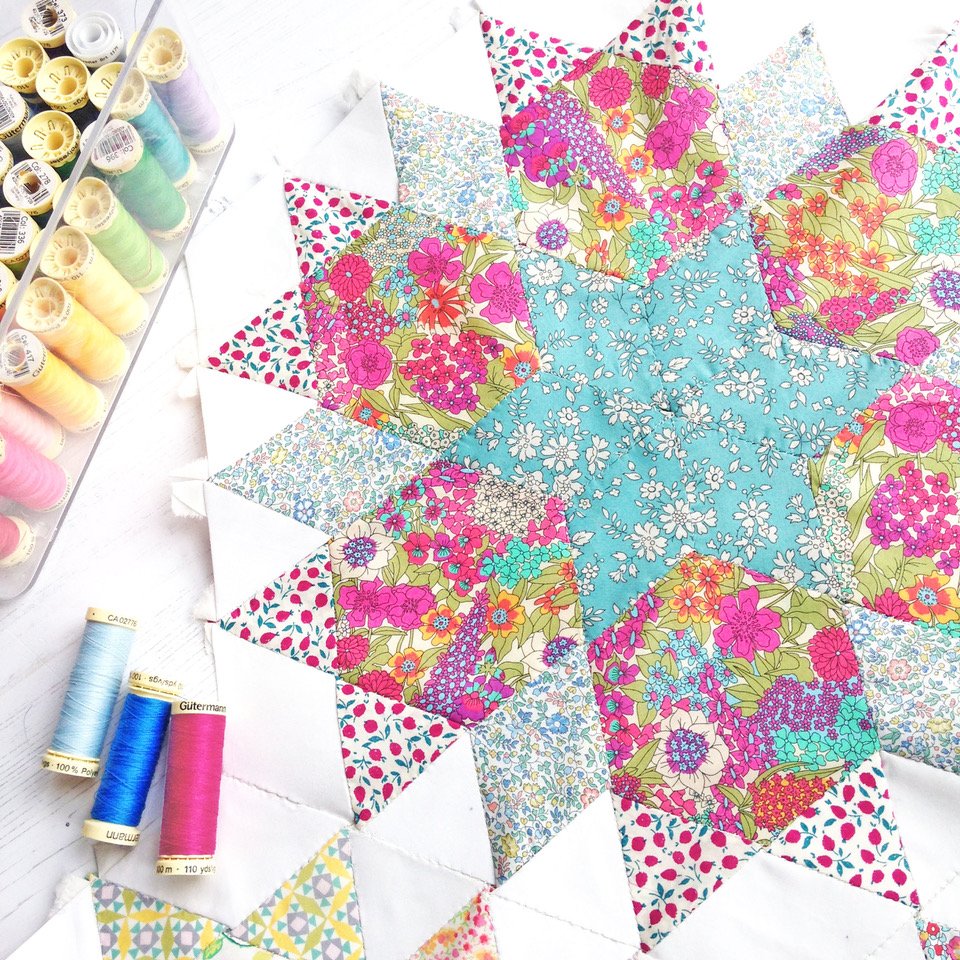 Some pretty EPP from our October Quilt Block of the Month - Liberty fabric looks so great for English Paper Piecing #newQBOMlaunchingsoon #EPP #Englishpaperpiecing #Ciara #Capel