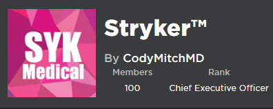 RblxStryker's tweet photo. Stryker Hit 100 Members! Thank you for getting us here, Special Thanks to 

@Emerus_RBLX/@JaredWaltersMD: For Helping us out and being a Long Term Client

OutDxtedCoolx : For Helping Stryker and Making a Hospital out of Stryker Tech!

Thank you Stryker -  Chief Executive Office, https://t.co/Wtw6VwzGNH