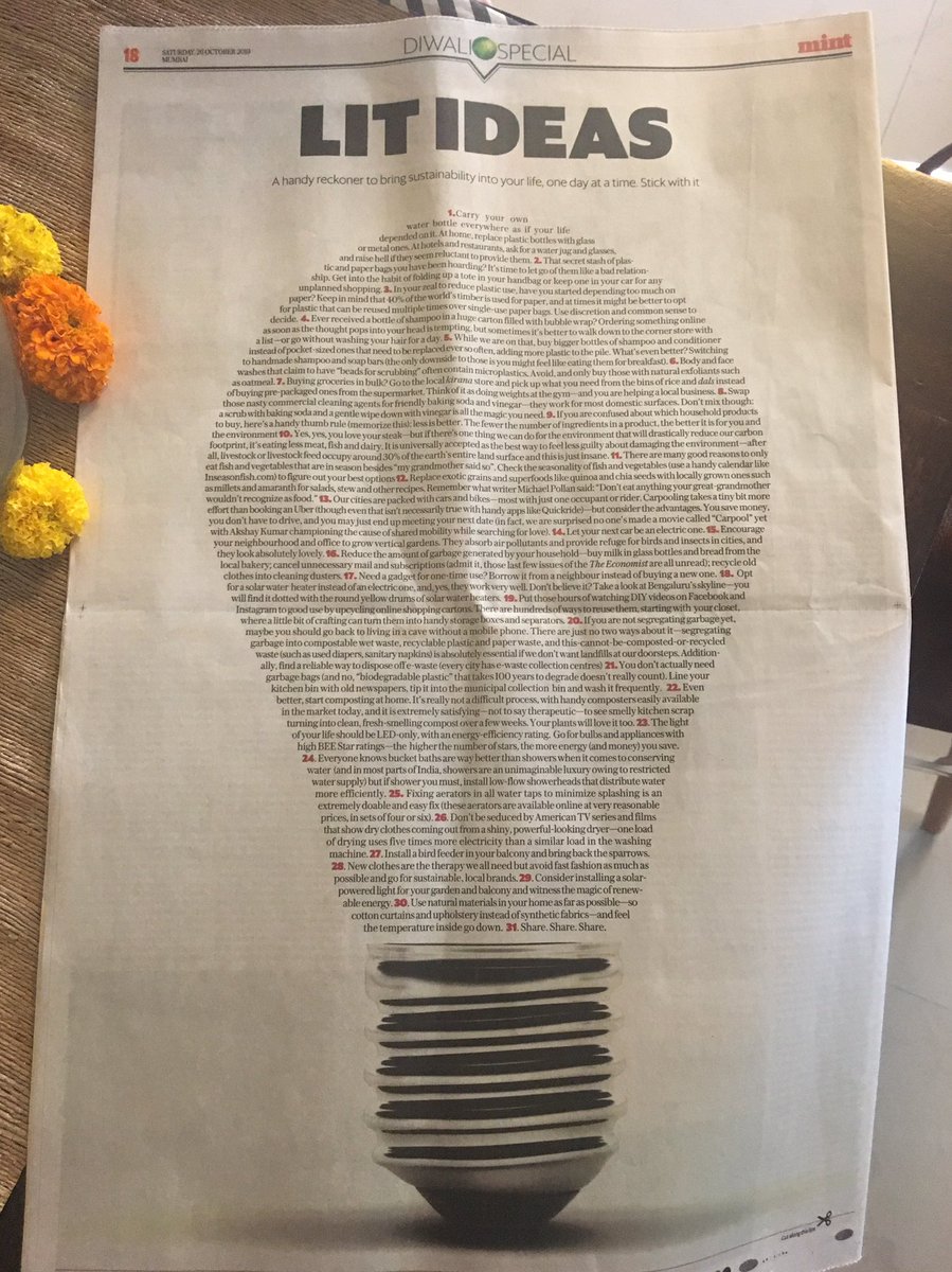 aninditaghose's tweet photo. The best page in the @Mint_Lounge #DiwaliSpecial is this handy reckoner to bring sustainability into your by @Shrabonti (It has jokes too, promise). Read here and pin the print poster on your softboard! #HappyDiwali #LightUpYourPlanet https://t.co/oVrjMoxhGd https://t.co/NRHCtb0y4V