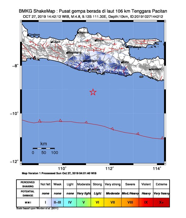 infoBMKG's tweet image. #Gempa Mag:4.8, 27-Okt-19 14:42:12 WIB, Lok:9.12 LS, 111.30 BT (Pusat gempa berada di laut 106 km Tenggara Pacitan), Kedlmn:10 Km Dirasakan (MMI) II-III Pacitan, II Blitar #BMKG