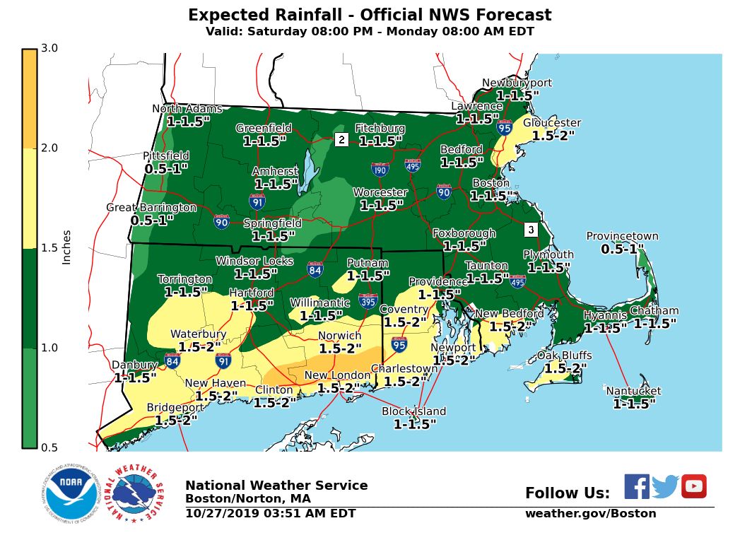 NWSBoston's tweet photo. [Today's Storm] Light rain overpreads the region this morning, but heavier showers move in by early afternoon. Some flooding of clogged storm drains is possible, along with minor coastal flooding. A period of gusty winds could produce sporadic tree damage in SE Mass as well. 🌧️ https://t.co/gCY0Inty4S