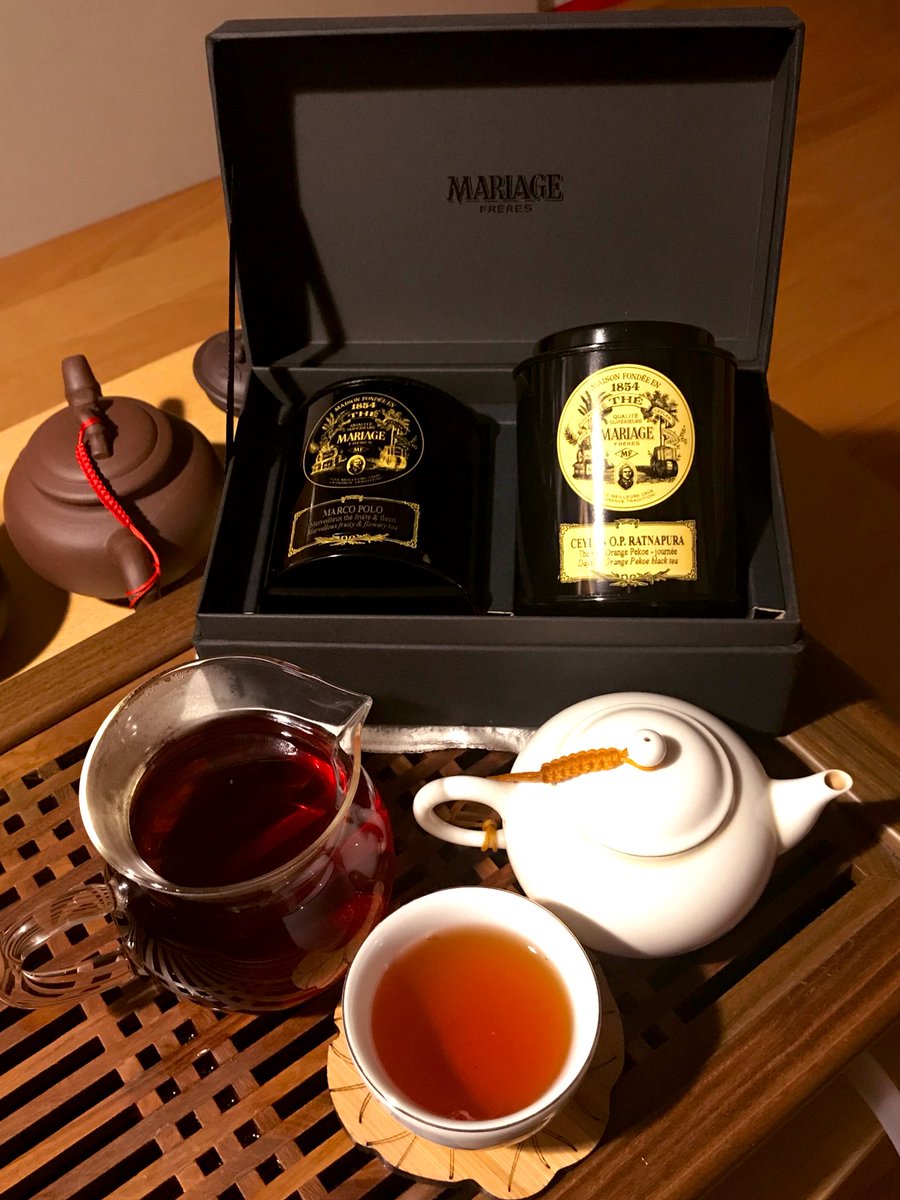 茶雀 浮上率低め 夕食後の紅茶 頂き物のマリアージュフレール セイロン オレンジペコ ラトナピュラ 磁器の茶壺で中国紅茶と同じように淹れてみた さすがフランス高級紅茶 美味しい 茶好連
