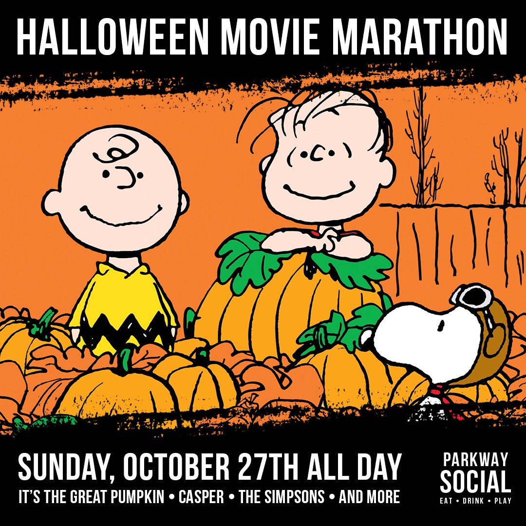 ParkwaySocial's tweet photo. Get your Halloween fix ALL DAY at Parkway Social. We have the classics playing at our Parkway Bar and bowling lanes. From Charlie Brown to Casper. Bring your kids! #myparkwaysocial #eatdrinkplay #halloween 

https://t.co/RfWQ9HlxP1 https://t.co/YzGTwTR20Y