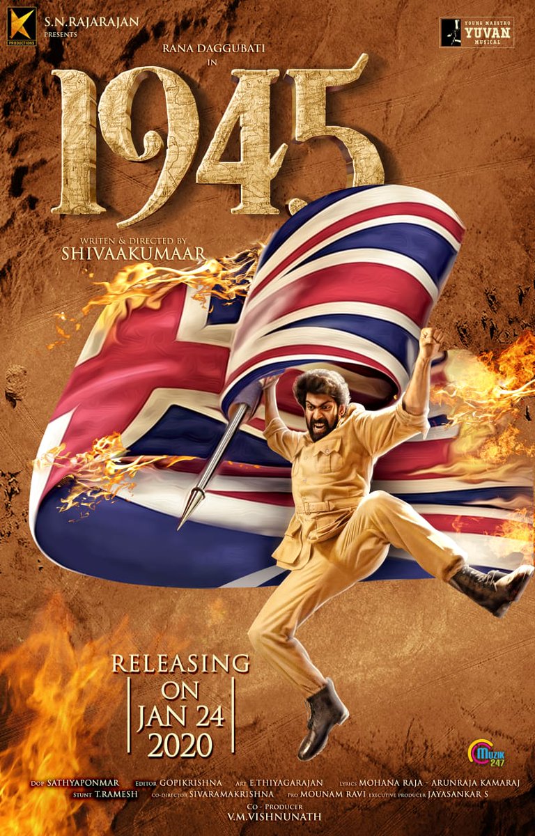 Here’s #1945TheMovie first look poster | movie releasing on Jan 24th 2020

@KProductions9 @RanaDaggubati @Rajarajan7215 @thisisysr @kaaliactor @Sathyasivadir @DoPsathya