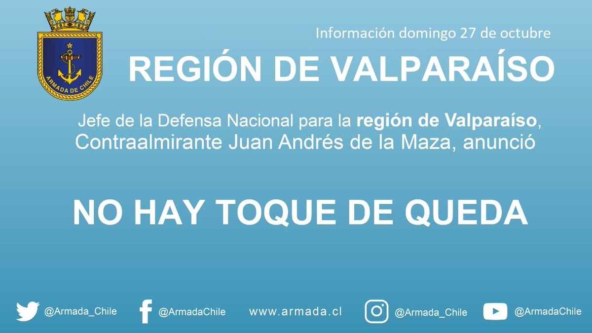 Armada_Chile's tweet photo. 🔴 ¡ATENCIÓN!

Esta jornada NO HABRÁ #ToquedeQueda en la región de #Valparaíso https://t.co/ll1Ge0ge1B