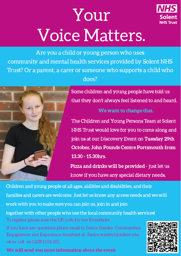 SolentNHSTrust's tweet photo. Join in and join together with other people who use the local community health services! Come along to our Child and Young Persons Discovery event and tell us what you think of our services. Click here to register: https://t.co/bX6J7DPbXN  @NCTPortsmouth  @HealthyPompey https://t.co/PO9dYqYdFS