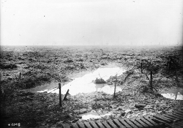 Mud and Boche wire through which the Canadians had to advance, November 1917, LAC MIKAN 3522044.