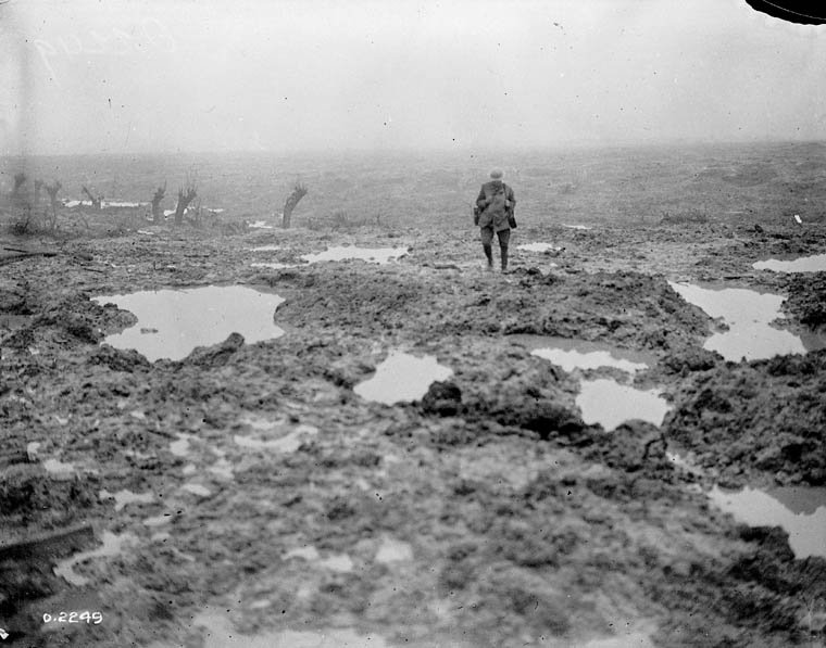 Mud and barbed wire through which the Canadians advanced during the Battle of Passchendaele, November 1917, LAC MIKAN 3194807.