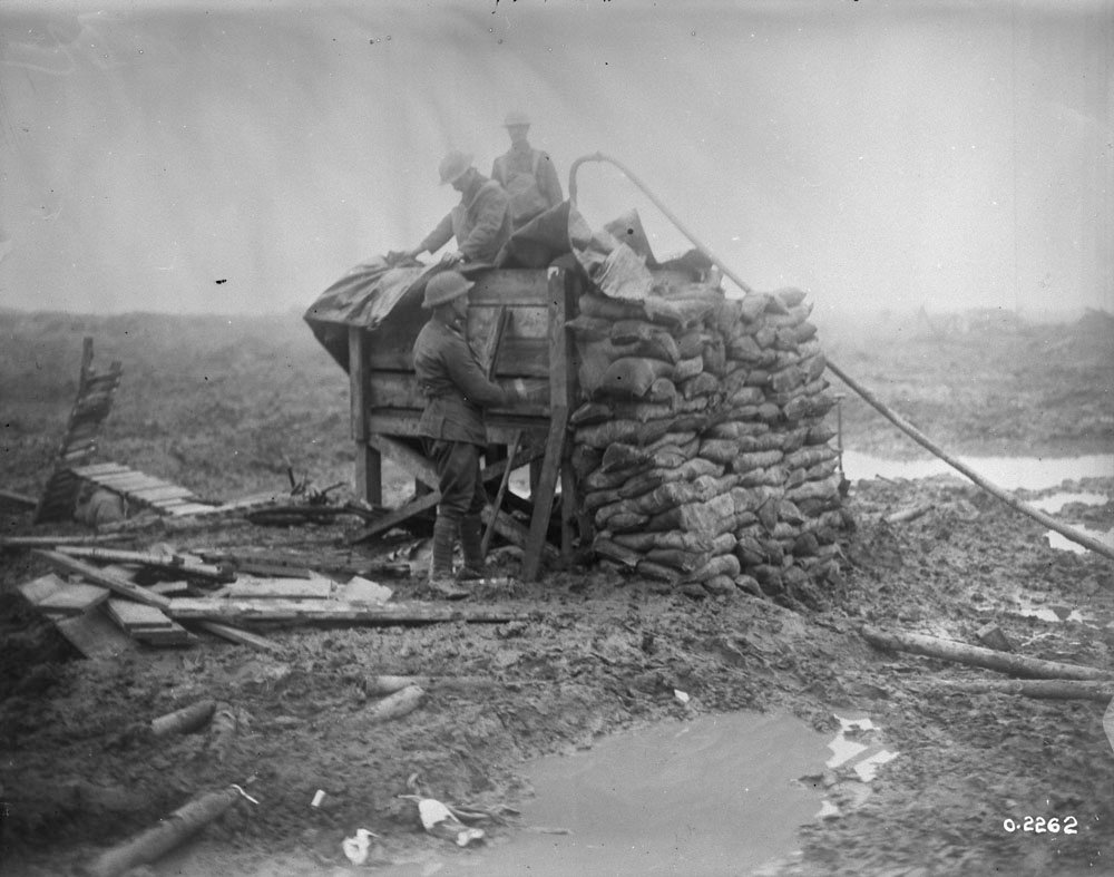 Canadians building a small water tank, November 1917, LAC MIKAN 3522061.