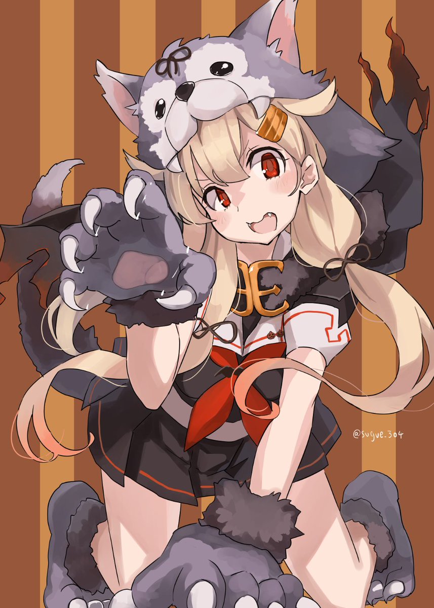 yuudachi (kancolle) ,yuudachi kai ni (kancolle) 1girl solo long hair red eyes animal hands blonde hair serafuku  illustration images