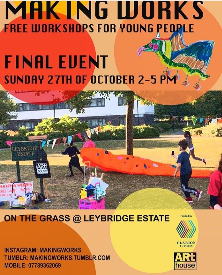 Happening today from 2pm to 5pm on the Leybridge Estate ! Come and see the beautiful artwork produced by local young people as part of @makingworks @ArthouseNews @ClarionFutures project on the theme of wind #IAmLewisham #mylocalculture